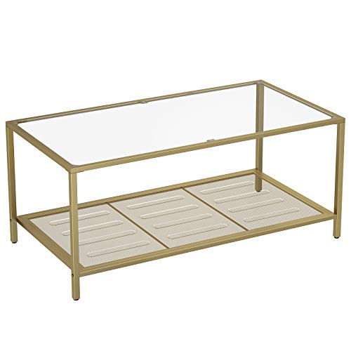 VASAGLE Mesa de Café de 2 Niveles, Mesita de Noche, con Tapa de Vidrio Templado y Estante de Malla, Marco de Acero Estable, para Dormitorio, Sala de Estar, Color Dorado y Transparente LGT031A01 VASAGLE Mesa de Café de 2 Niveles, Mesita de Noche, con Tapa de Vidrio Templado y Estante de Malla, Marco de Acero Estable, para Dormitorio, Sala de Estar, Color Dorado y Transparente LGT031A01