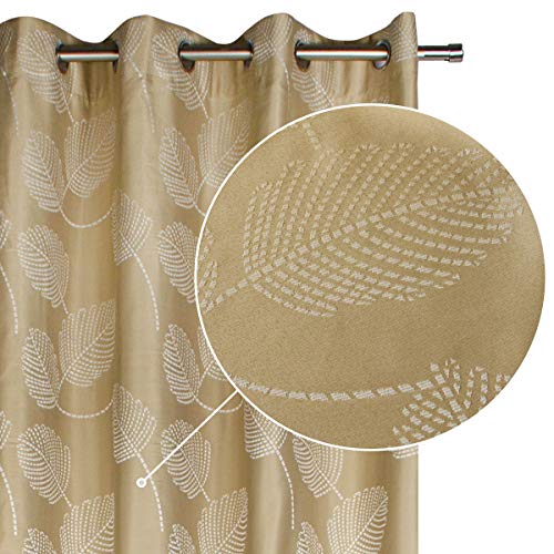 Viste tu hogar Pack 2 Cortina Decorativa Opaca con Diseño de Hojas Bordadas, Moderna y Elegante, para Salón o Dormitorio, 2 Piezas, 140X260 CM, Color Beige