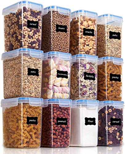 Vtopmart 1.6L Recipientes para Cereales Almacenamiento de Alimentos, Jarras de Almacenamiento de Plástico con Tapa Hermética Sin BPA,Juego de 12 + 24 Etiquetas, para harina,café (Azul)