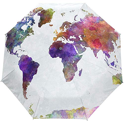 Wheatleya Paraguas de Viaje a Prueba de Viento y Lluvia Mapa del Mundo en Pintura de Acuarela Salpicadura Abstracta Paraguas de Lluvia Solar Plegable portátil
