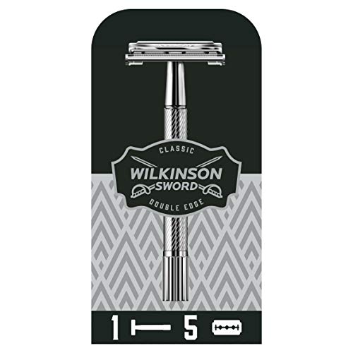 Wilkinson Sword Classic PREMIUM - Máquina de Afeitar Vintage de Acero Cromado para Hombre + 5 Hojas de Afeitar de Doble Filo, Afeitado Clásico Manual