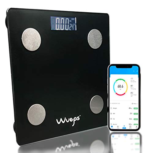 Wueps ® Báscula de baño, peso baño, balanza peso corporal, Max Capacidad 150Kg, Plataforma de vidrio templado 6mm, apagado automático, baterías incluidas, APP compatible con iOS y Android Color Negro