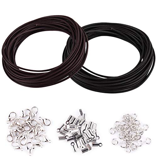 WXJ13 Cordón de cuero auténtico, 10 metros, 2 mm de ancho, cordón de cuero negro y café y 150 piezas de joyería de hallazgos de collar de cuerda para hacer joyas, pulseras