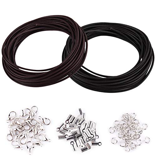 WXJ13 Cordón de cuero auténtico, 10 metros, 2 mm de ancho, cordón de cuero negro y café y 150 piezas de joyería de hallazgos de collar de cuerda para hacer joyas, pulseras WXJ13 Cordón de cuero auténtico, 10 metros, 2 mm de ancho, cordón de cuero negro y café y 150 piezas de joyería de hallazgos de collar de cuerda para hacer joyas, pulseras