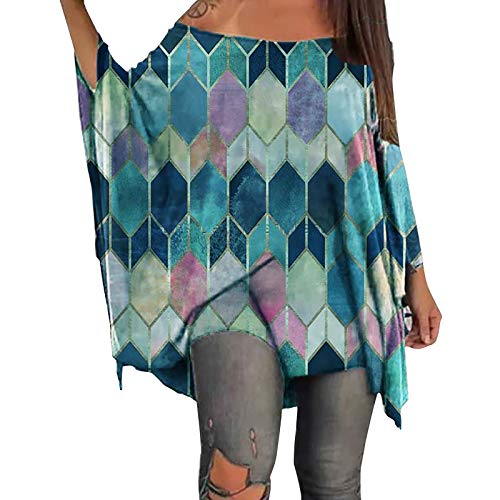 YANFANG Nueva Camiseta Suelta para Mujer Camiseta de murciélago Estampada de Rombos con un Solo Hombro Sexy Tops Casuales Talla Grande YANFANG Nueva Camiseta Suelta para Mujer Camiseta de murciélago Estampada de Rombos con un Solo Hombro Sexy Tops Casuales Talla Grande