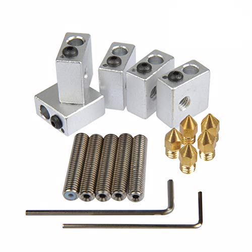 YOTINO 5x boquilla de teflón garganta, 30 mm de largo + 5x boquillas de extrusión de latón, 0,4 mm + 5x bloque de calentador de aluminio para MK7, MK8 impresora MakerBot RepRap 3D YOTINO 5x boquilla de teflón garganta, 30 mm de largo + 5x boquillas de extrusión de latón, 0,4 mm + 5x bloque de calentador de aluminio para MK7, MK8 impresora MakerBot RepRap 3D