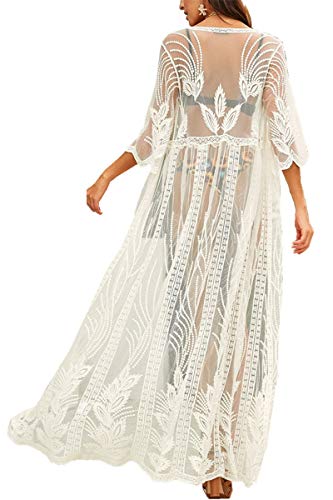 YouKD Cárdigan de algodón Encaje para Mujer Vestido Transparente Kimono Largo de Boho Traje de baño de Playa Cover Up Dress