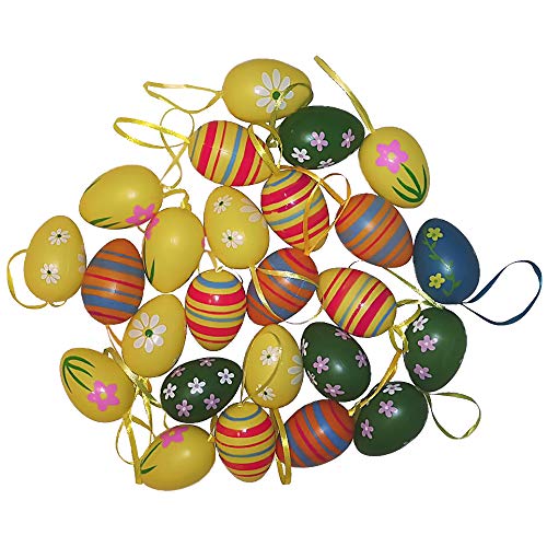 YYOJ 24 huevos de Pascua para colgar, de plástico, pintados a mano, decoración de Pascua con bonitos dibujos pintados, tamaño: 6 cm, estilo aleatorio