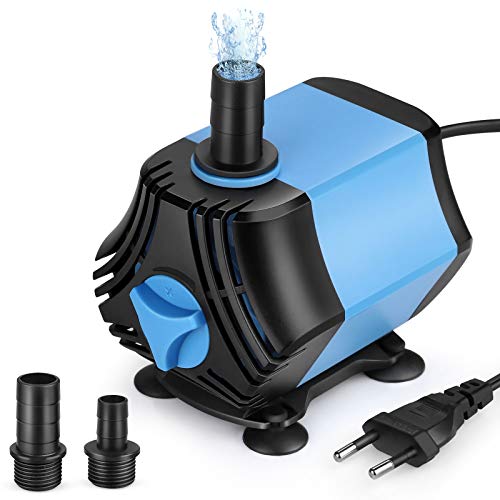 Zacro Bomba de agua de 2000 l/h, 40 W, se utiliza para acuario, fuente, estanque, pequeña bomba de agua con tres boquillas (13 mm, 16 mm, 19 mm), altura máxima: 2,5 m, cable de 1,8 m.