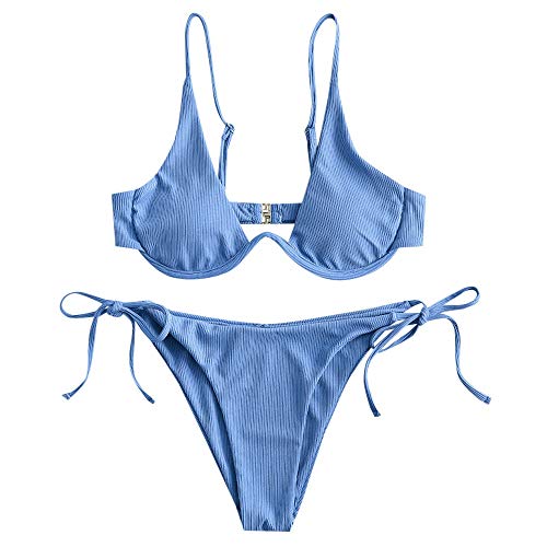 ZAFUL - Bikini de Dos Piezas para Mujer, diseño de Leopardo Criss Cross Push Up de Corte Alto y Acolchado (Azul, L)