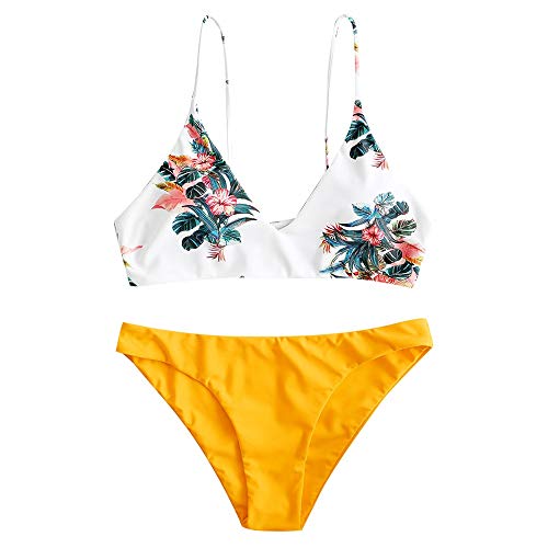 ZAFUL Bikini para mujer, con tirantes finos, parte superior de cintura alta, estampado de plantas, bañador de verano Amarillo-a. L