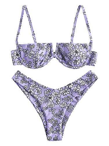 ZAFUL Bikini Set de Dos Piezas Floral Corte Alto Bikini con Arco & V Bañador para Mujer (Morado, L)