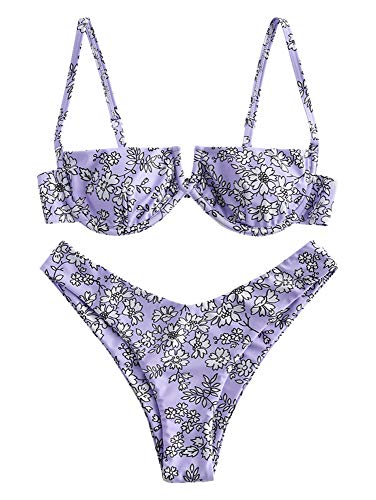 ZAFUL Bikini Set de Dos Piezas Floral Corte Alto Bikini con Arco & V Bañador para Mujer (Morado, L) ZAFUL Bikini Set de Dos Piezas Floral Corte Alto Bikini con Arco & V Bañador para Mujer (Morado, L)