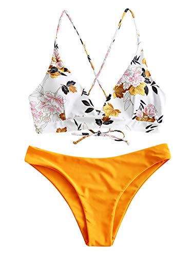 Zaful - Conjunto de bikini acolchado para mujer en diseño de naranjas, de tirantes con cordones amarillo S