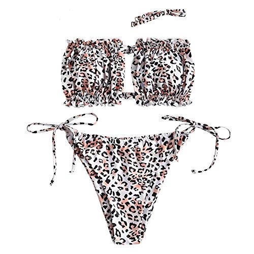 ZAFUL Conjunto de bikini para mujer, banda sin tirantes con cordón, traje de baño de color liso A-2-leopard M