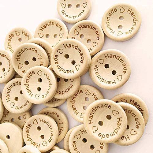 100 botones de madera hechos a mano con 2 agujeros para costura, manualidades, decoración de ropa, manualidades hechas a mano con amor, 15 mm, botón de madera de forma redonda (color madera)