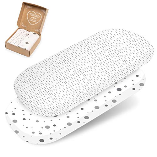 2 sábanas bajeras ajustables mimaDu® para minicuna, capazo, cochecito (de 78x36 a 80x40 cm) – Pack de sábanas suaves 100% algodón OEKO-Tex para colchón de bebé (rayas, puntos, blanco, gris)