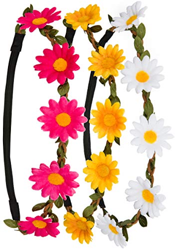 3 diademas de flores con banda elástica ajustable en los colores blanco, amarillo y rosa.
