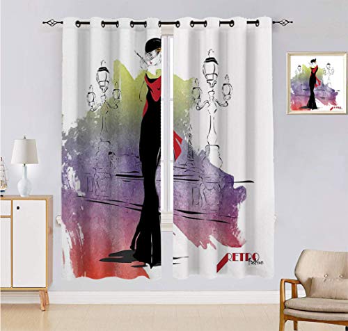 Alandana Cortina para niñas, hecha a medida, chal rojo en la calle con farolas, estilo retro, 2 paneles, cada panel de 152 cm de ancho x 228 cm de largo, multicolor