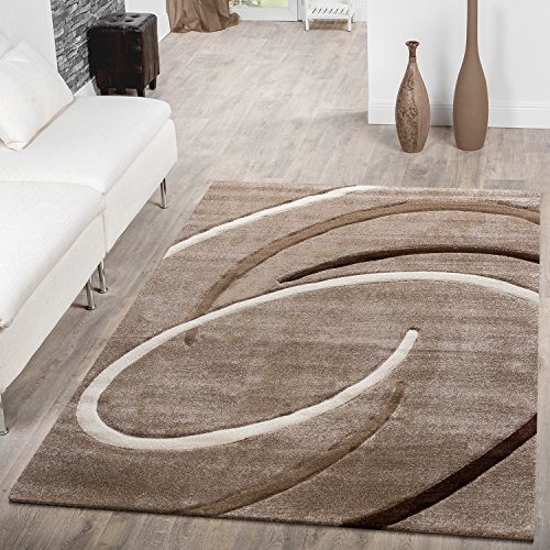 Alfombra para salón, pelo corto, diseño moderno con espirales, color beis y marrón moca, 120 x 170 cm