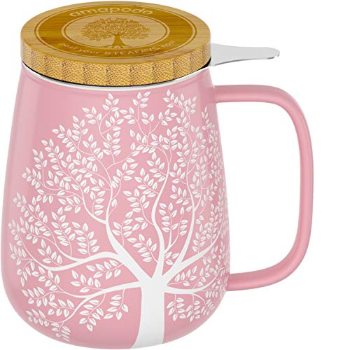 amapodo Taza de té con tapa y colador, 600 ml, de porcelana, tamaño XXL, color rosa, sin plástico