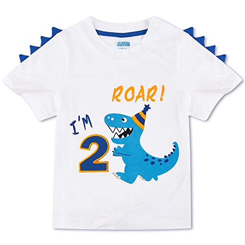 AMZTM Dinosaurio Camiseta de Cumpleaños - 2do Cumpleaños Suministros para la Fiesta Camisetas de Manga Corta para Bebé Niños Estampada Bordado con Cuello Redondo de 100% Algodón Camiseta (Blanca, 90)