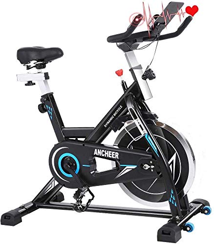 ANCHEER - Bicicleta de spinning con volante de inercia de 22 kg con pantalla LCD, sensor de impulso, conecta con la App manillar y sillín ajustables, carga máxima 120 kg (volante de inercia 22 kg)