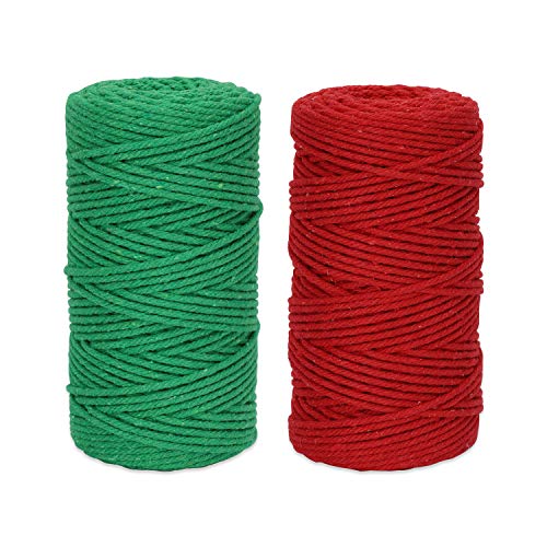 ANWING Cordón de algodón de macramé natural de 200 m, cuerda de 3 mm x 110 yardas, cuerda de algodón para manualidades, colgador de plantas de Navidad, decoración de boda (rojo, verde)