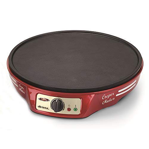 Ariete 183 CREPERA PARTY TIME, 1000 W, termostato regulable, revestimiento antiadherente, 2 espátulas de madera, indicador luminoso encendido, apagado y listo para usar, Negro Rojo