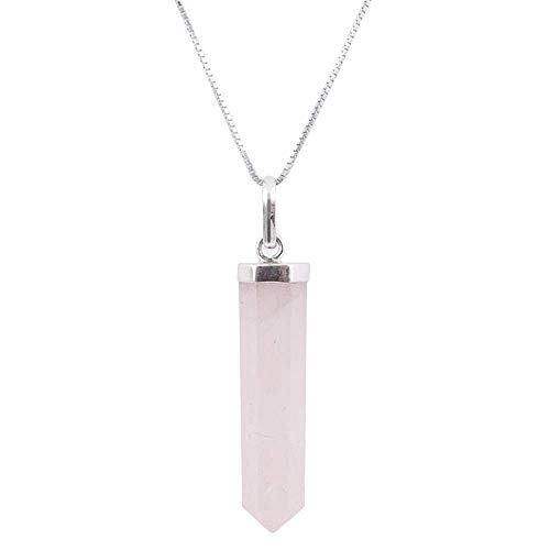 ARITZI - Colgante en Plata de Ley 925 con forma de punta en Piedra natural - Incluye una Cadena"box chain" de 45cm de plata - Cuarzo Rosado