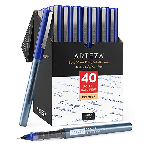 Arteza Bolígrafos de punta fina, paquete a granel de 40 bolis azules de tinta líquida con punta de aguja extra fina de 0,5 mm para escribir, tomar notas y dibujar con precisión