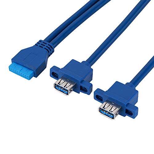 ASHATA Adaptador de Divisor USB 3.0 2 Puertos, USB3.0 19PIN A 2AF Cable de Montaje en Panel de Placa Base Frontal con Orificio para Tornillo, USB 3.0 19 Pines a Doble Puerto Un Cable Hembra(0.8M)