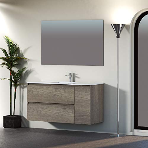 Baikal 830134050 Conjunto de Mueble de Baño con Lavabo y Espejo, Suspendido a la Pared, Dos Cajones y Una Puerta, Melamina 16mm, Acabado en Roble Gris Nebraska, 120 x 65 x 46 cm