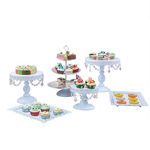 Berkalash Soporte de pastel, juego de 6 piezas de soporte de pastel de cristal, soporte de pastel de boda para fiesta de cumpleaños, plato de exhibición de postre conjunto de soporte de muffin blanco