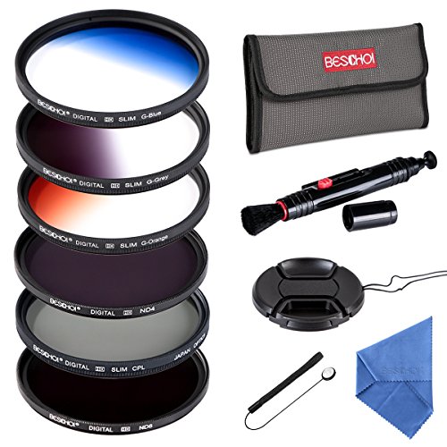 Beschoi - 77mm Filtro de Camára Lente, Packs de Filtros Fotográficos para Nikon Canon EOS DSLR Cámaras (11 PCS Incluye CPL ND4 ND8 + Ultra Delgado Graduado Naranja Azul Gris Filtros + Aceesorios)