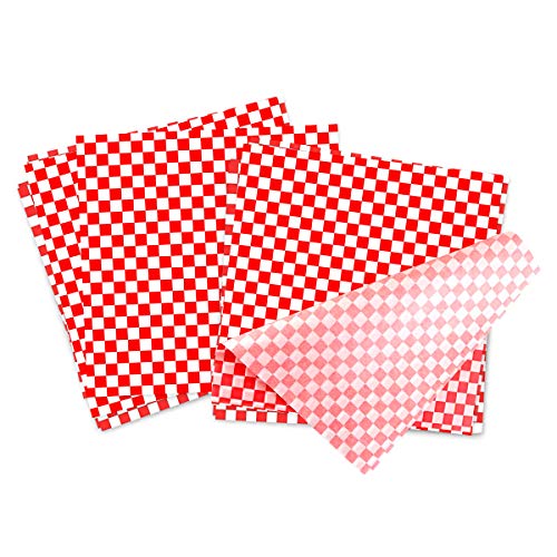 BoloShine 100 Sheets Checkered Deli Basket Liner Papel para Envolver Alimentos, Envoltorio Cera de Abeja, Resistente a la Grasa para Sándwiches Hamburguesas, 10'' x 11''