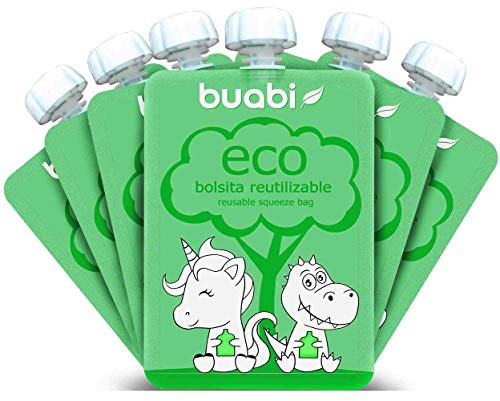 Buabi bolsitas reutilizables comida bebe - Pack de 6 bolsas de papilla rellenables (Squeeze Food Pouch) 150 ml