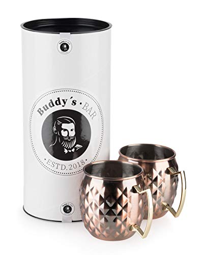 Buddy´s Bar - 2 tazas de mula de Moscú, 500 ml, taza de acero inoxidable de alta calidad con estructura de piña, taza de cóctel incl. caja de regalo, juego de 2, cobre antiguo