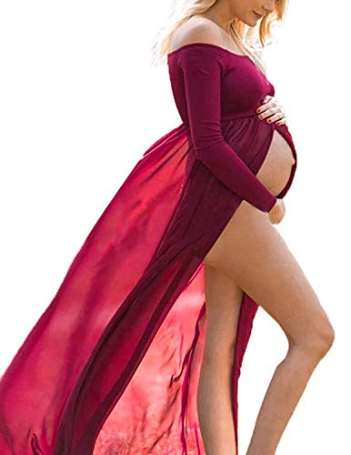 BUOYDM Mujer Embarazada Chifón Largos Vestido de Fiesta Foto Shoot Dress Fotográficas de Maternidad Apoyos De Fotografía (Talla única-Busto:95-120CM, Longitud:170CM, A-Rojo)