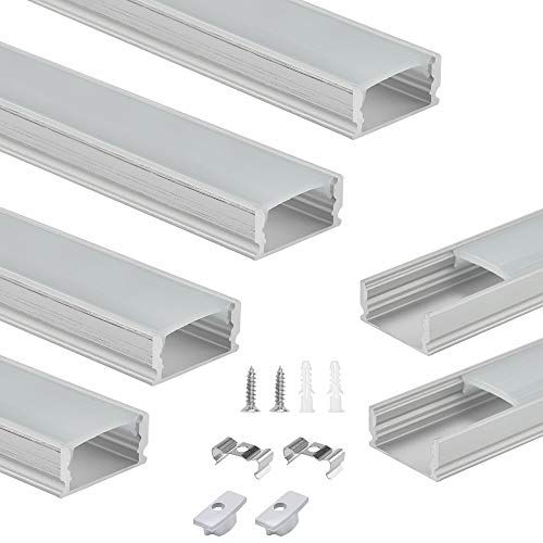 BUZIFU Perfil de aluminio para LED, 1 m, 6 unidades, en forma de U, perfil LED ancho, con accesorios de montaje completos para tiras LED de hasta 12 mm