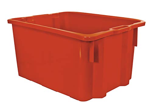 Caja apilable e insertable, med. 55 x 43 x 31 cm. Capacidad: 50 l. Peso: 1,75 kg. Color: rojo. Base y paredes cerradas.