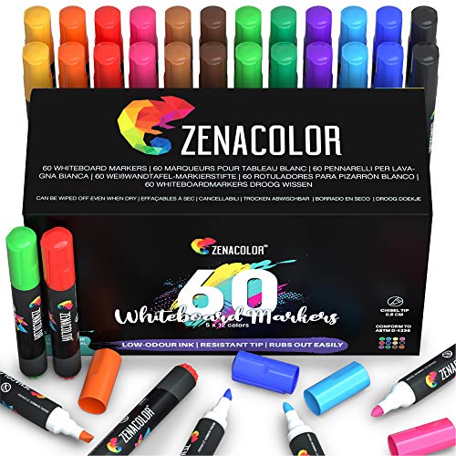 Caja de 60 marcadores de pizarra - 5x12 Colores Intensos - Marcador de Punta Biselada Práctica - 20% Más de Tinta - Perfecto para utilizar en Casa, en el Trabajo o en el Cole