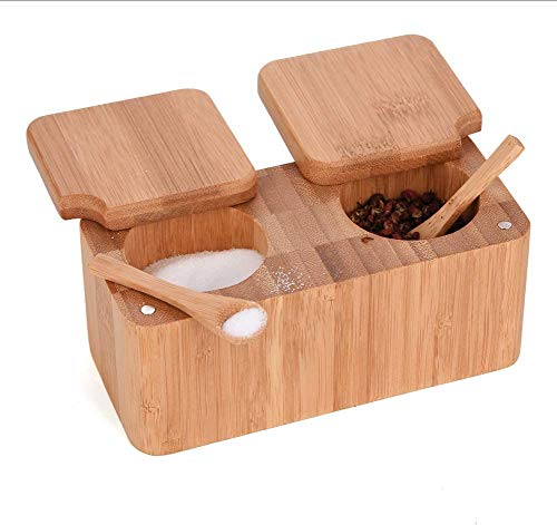 Caja de especias de bambú para sal y pimienta, 2 ollas para hierbas y especias + 2 mini cuchara de sal