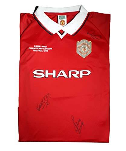 Camiseta de la final de la Copa de Europa del Manchester United 1999, firmada a mano por Paul Scholes, Lee Sharpe y David May, recuerdo del club de fútbol del Manchester United