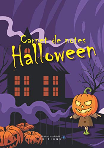 Carnet de notes Halloween: v1-5 | Joyeuse fête d'Hallowen carnet de notes de 101 pages lignées | 17,78cm x 25,4cm | fond violet maison hantée