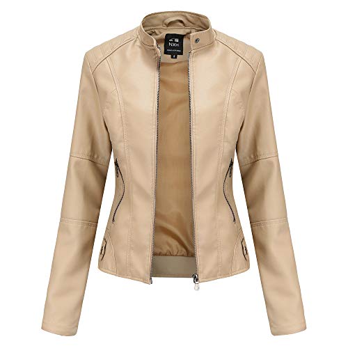 Chaqueta de Cuero Leather Jackets Motorista de PU para Mujer Chaqueta con Bolsillos con Cremallera, Chaqueta Corta para el Primavera Otoño (5 Colores),4-Apricot,S