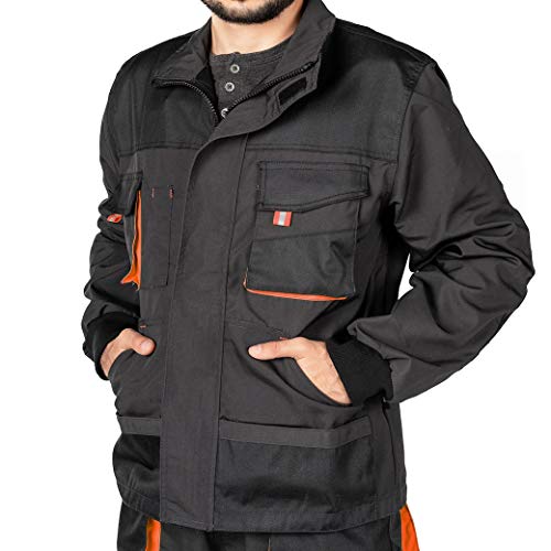 Chaqueta de trabajo para hombre, Bolsillos Multiusos, Chaquetas seguridad S - 3XL, Abrigo hombre, Work jacket for professionals, Ropa de trabajo hombre Calidad (L, Negro/Naranja)