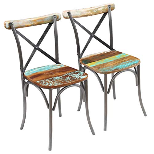 Cikonielf 2 sillas de comedor de madera maciza recuperadas de estilo antiguo con patas de metal, 51 x 52 x 84 cm, diseño del respaldo abierto y cruzado, totalmente hecho a mano Cikonielf 2 sillas de comedor de madera maciza recuperadas de estilo antiguo con patas de metal, 51 x 52 x 84 cm, diseño del respaldo abierto y cruzado, totalmente hecho a mano