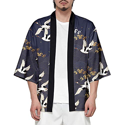 CIZEUR Hombre Hippie Camisa Kimono Japonés Estampado Holgado Manga 3/4,M Muchas grullas inmortales