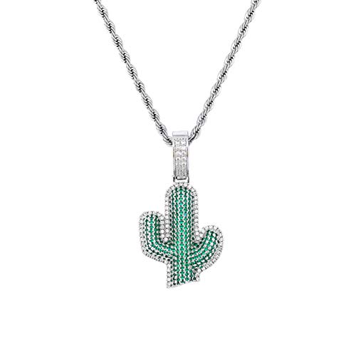 Collar Colgante Hip Hop Cactus, circón con Incrustaciones de Cobre + Collar de Oro/Platino de 18 k Accesorios Colgantes (Oro, Plata), Collar Colgante-Silver
